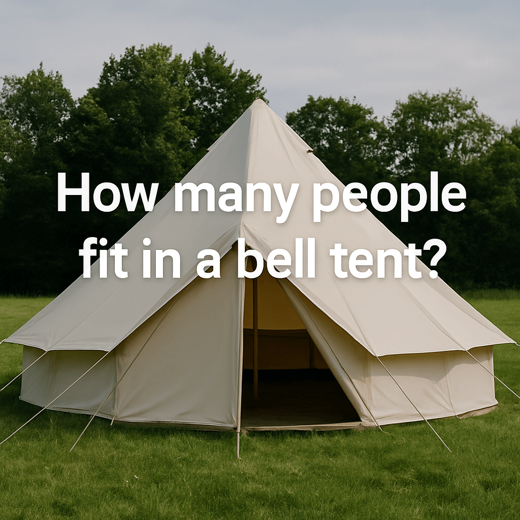 A cream-coloured bell tent set up on a grassy field with trees in the background. White text over the image reads: "How many people fit in a bell tent?"