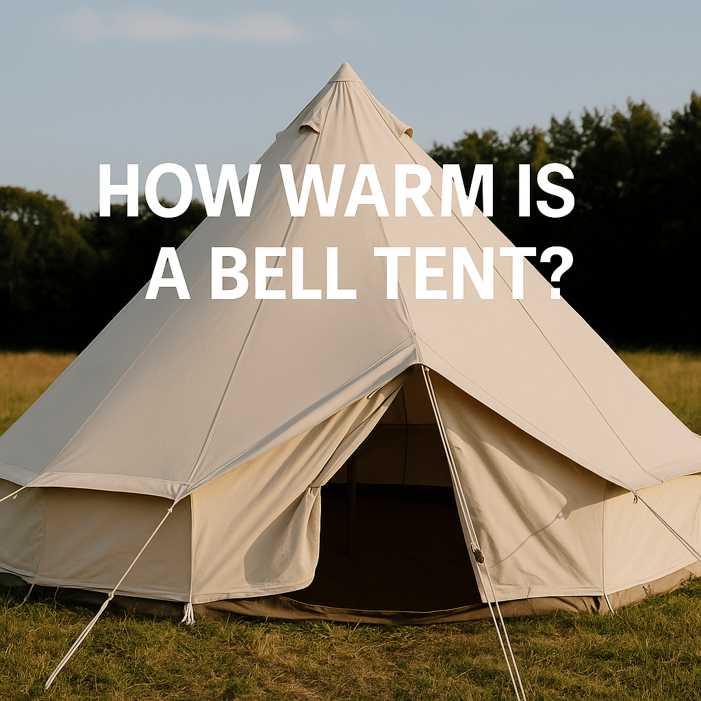 A beige canvas bell tent set up on a grassy field at dusk, with the text "HOW WARM IS A BELL TENT?" displayed prominently across the front.