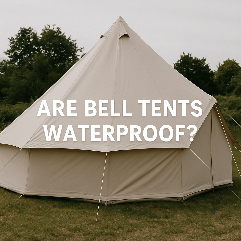 A large beige bell tent pitched on a grassy field under a cloudy sky, with the bold white text "ARE BELL TENTS WATERPROOF?"