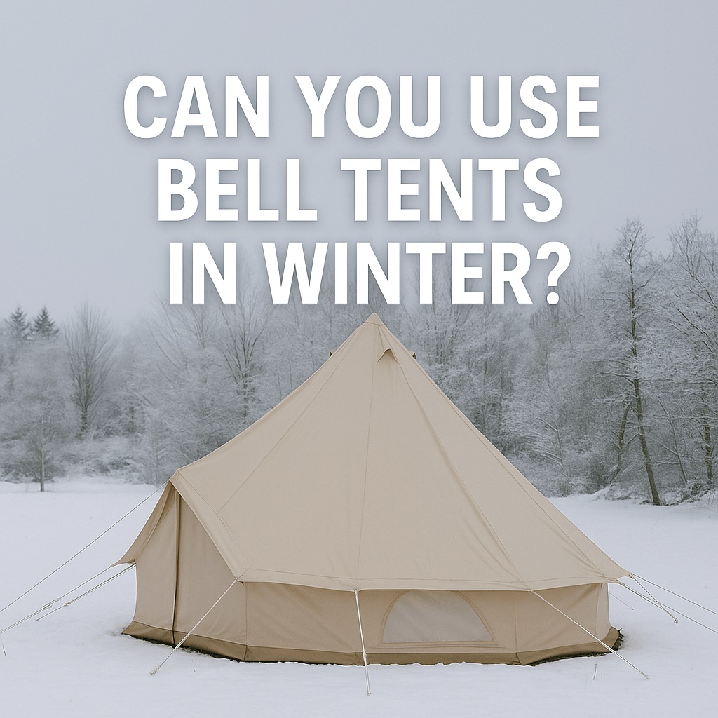 Beige bell tent set up in a snowy winter landscape with frosted trees in the background and bold text reading “CAN YOU USE BELL TENTS IN WINTER?