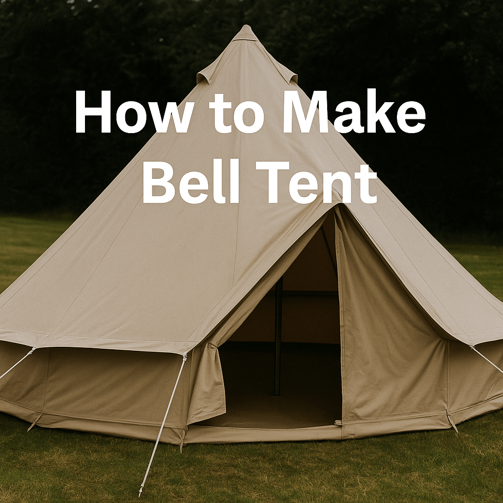 A beige canvas bell tent set up on green grass with guy ropes and an open entrance, under an overcast sky. White text over the tent reads: “How to Make Bell Tent.”