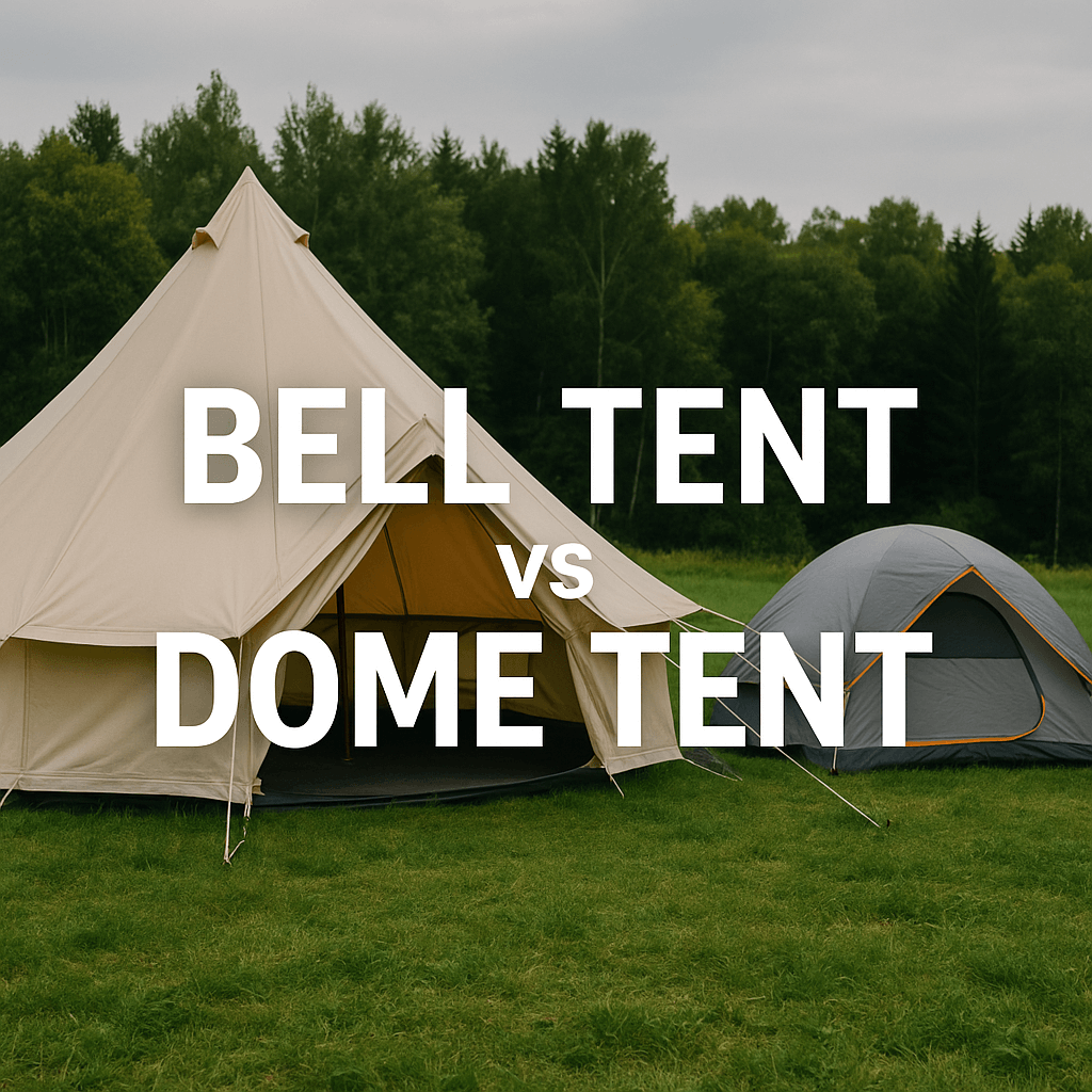 A bell tent and a dome tent side by side on a grassy field with trees in the background. Overlay text reads "BELL TENT vs DOME TENT"