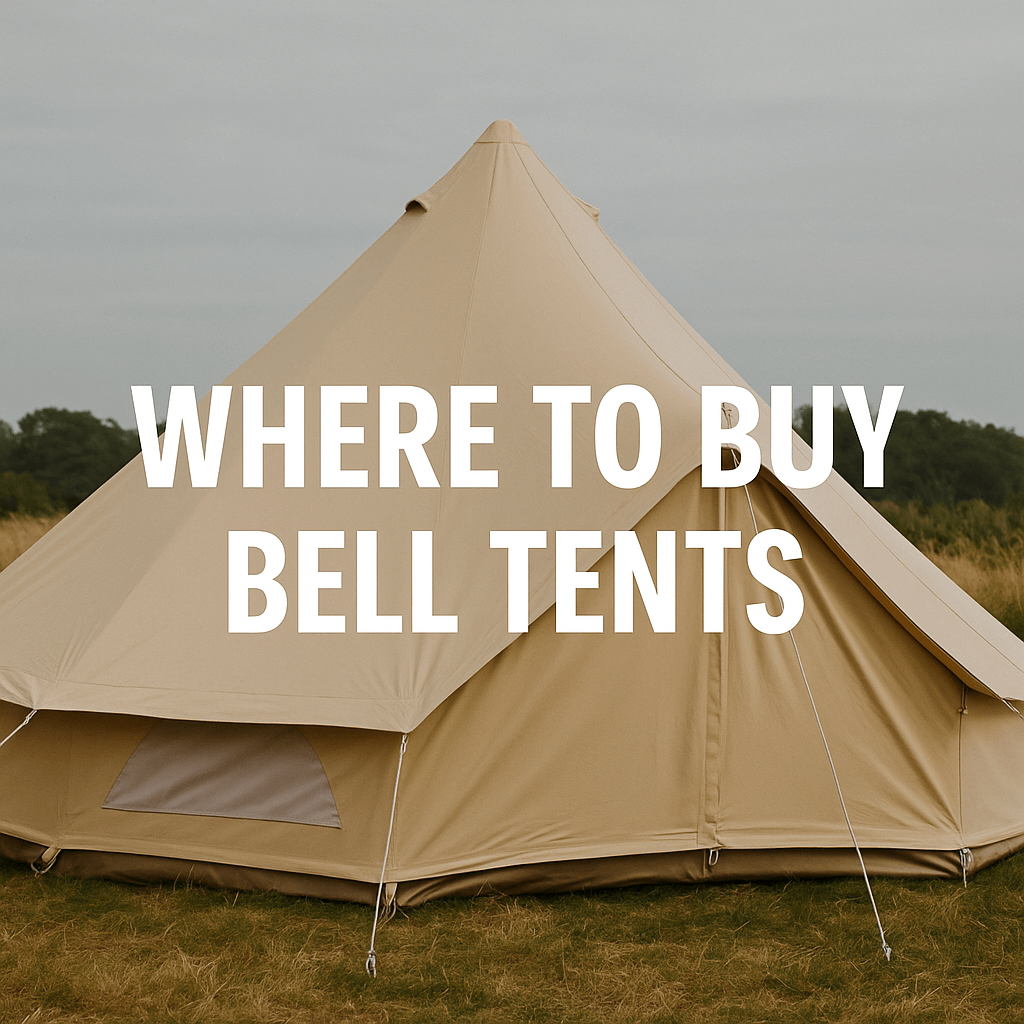 A beige canvas bell tent pitched on a grassy field under a cloudy sky, with the bold white text "WHERE TO BUY BELL TENTS" 