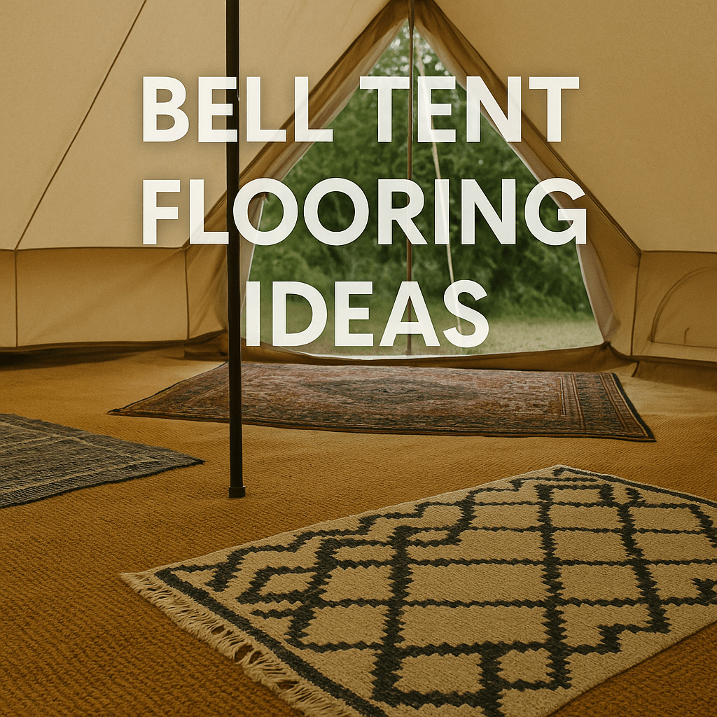 Interior of a glamping bell tent with layered rugs on the floor, natural light streaming in through the open entrance, and bold white text that reads “BELL TENT FLOORING IDEAS.”