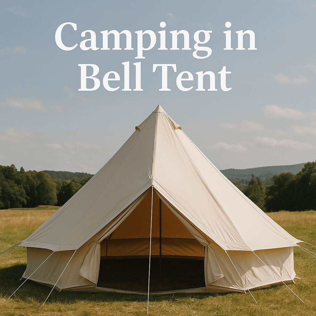 Cream-coloured bell tent pitched on a grassy field under a blue sky, with the text “Camping in Bell Tent”
