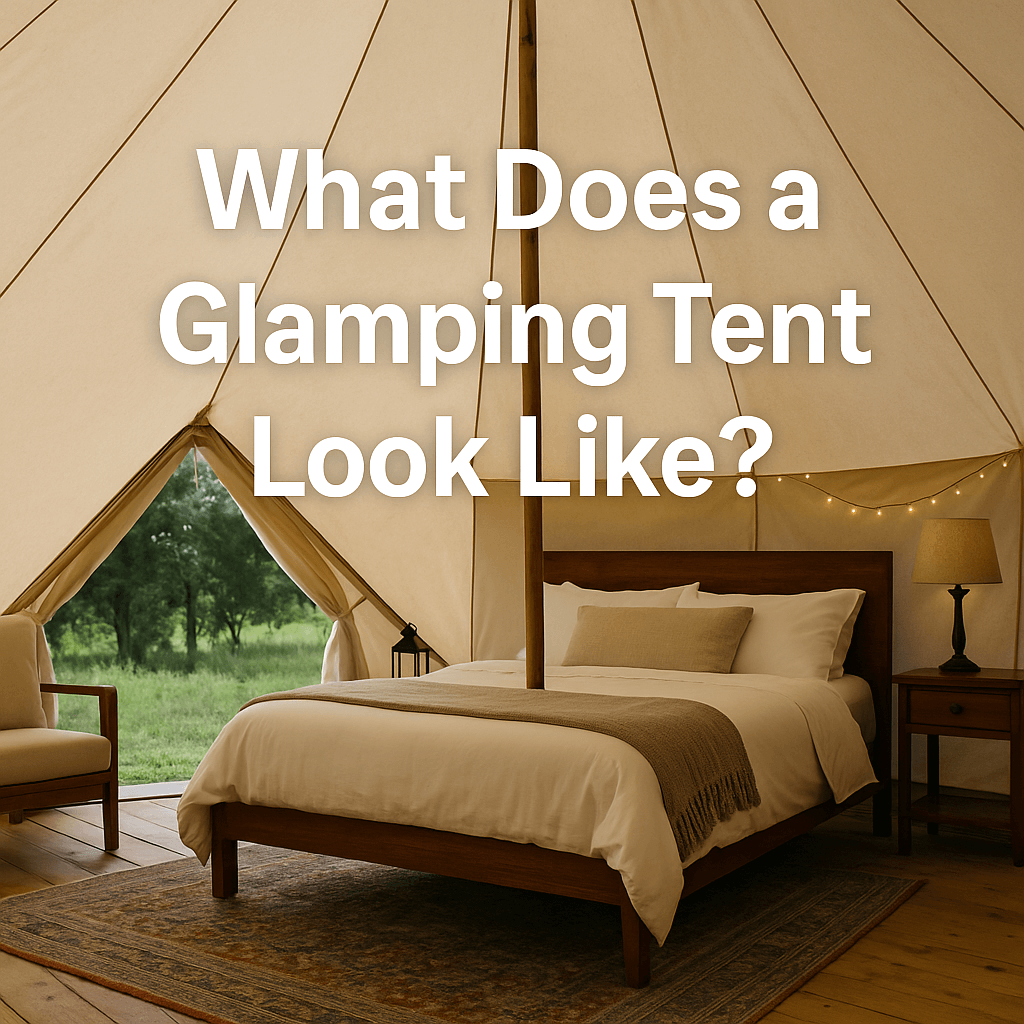 nterior of a stylish bell tent with a wooden bed, cosy furnishings, and string lights, set in a grassy landscape. Text overlay reads: "What Does a Glamping Tent Look Like?"