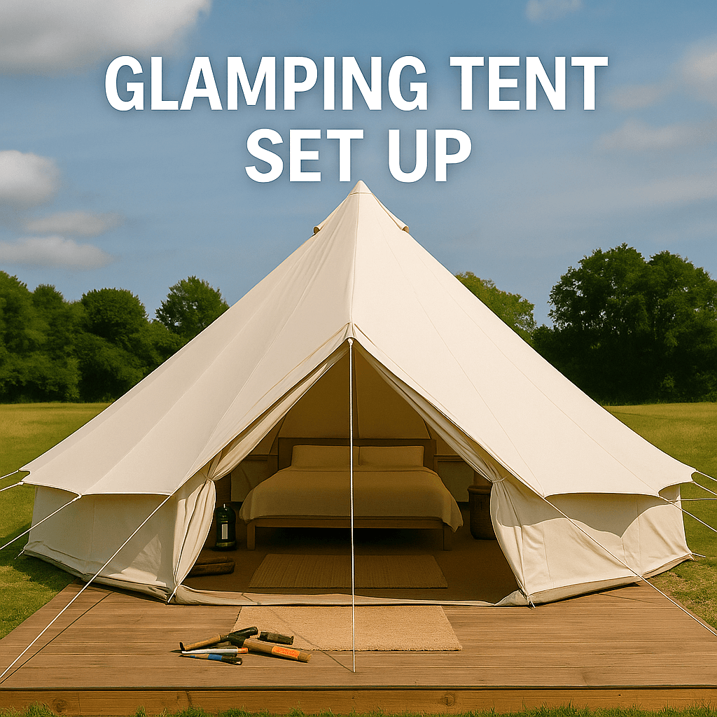 A cream glamping tent with an open entrance sits on a wooden platform in a green field, with the text “GLAMPING TENT SET UP” 