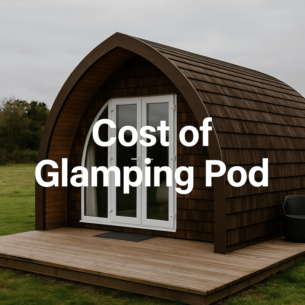 A wooden glamping pod on a deck in a grassy field with the text ‘Cost of Glamping Pod'.
