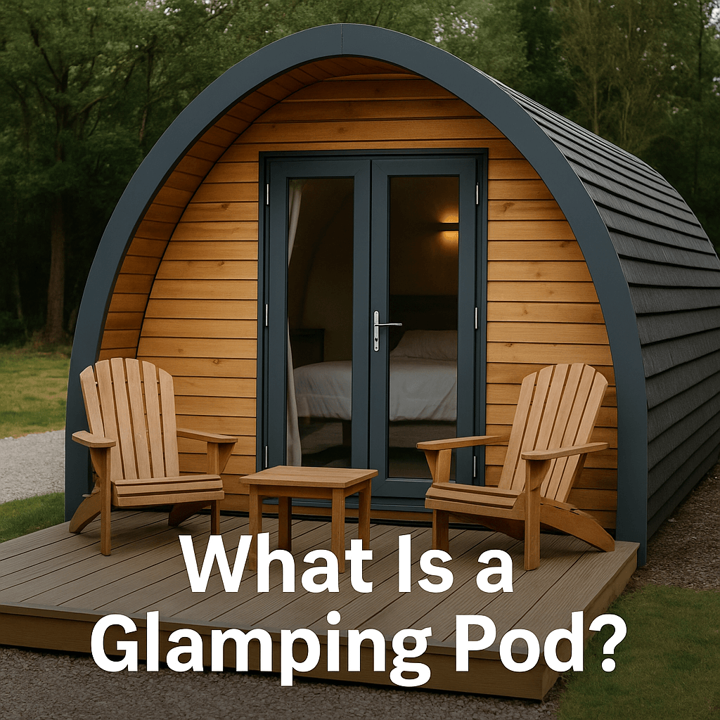 A wooden glamping pod with a curved roof sits on a deck surrounded by trees, featuring two Adirondack chairs and a table. The text “What Is a Glamping Pod?”.