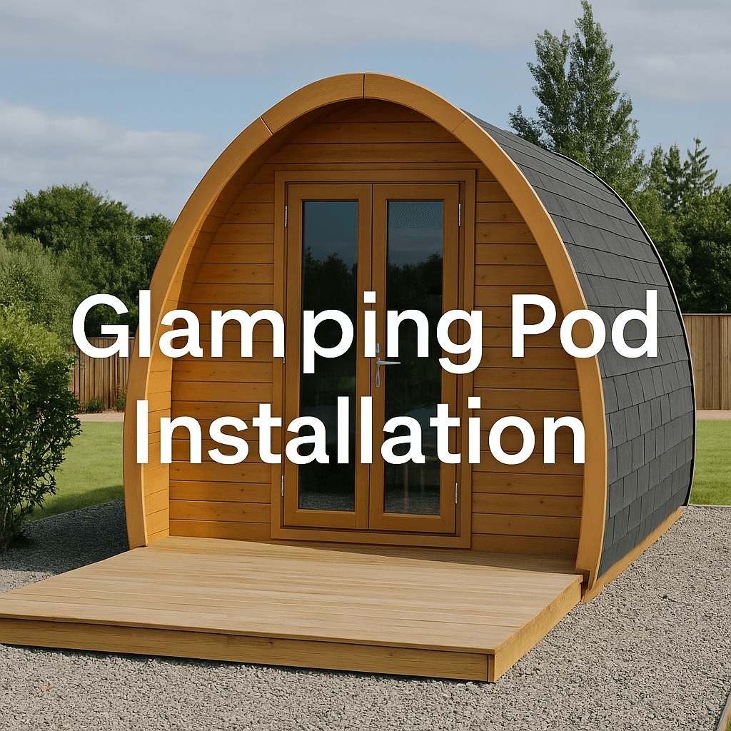 A modern wooden glamping pod with a curved roof sits on a gravel base and wooden deck, surrounded by greenery under a cloudy sky. Bold white text on the image reads: "Glamping Pod Installation."