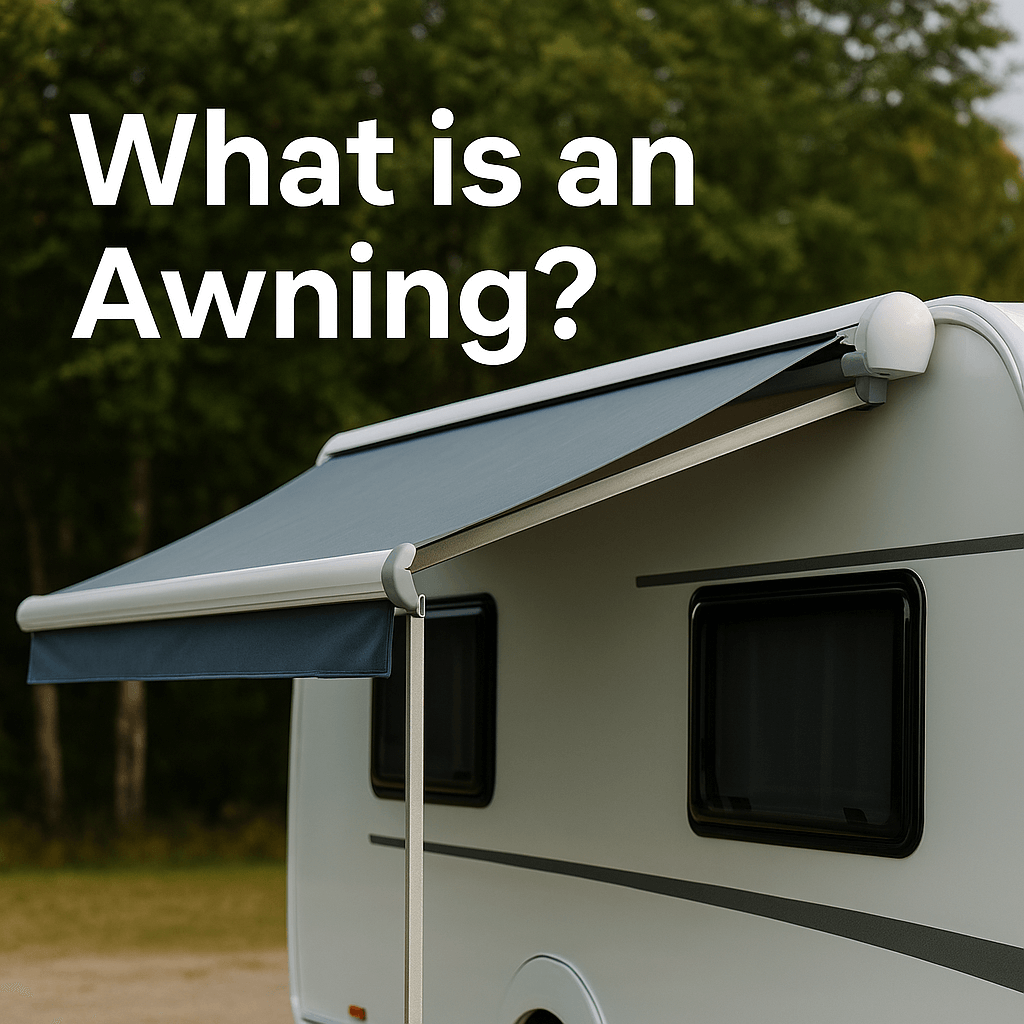 A white caravan with a sleek blue awning extended in a wooded campsite, featuring bold text that reads “What is an Awning?”
