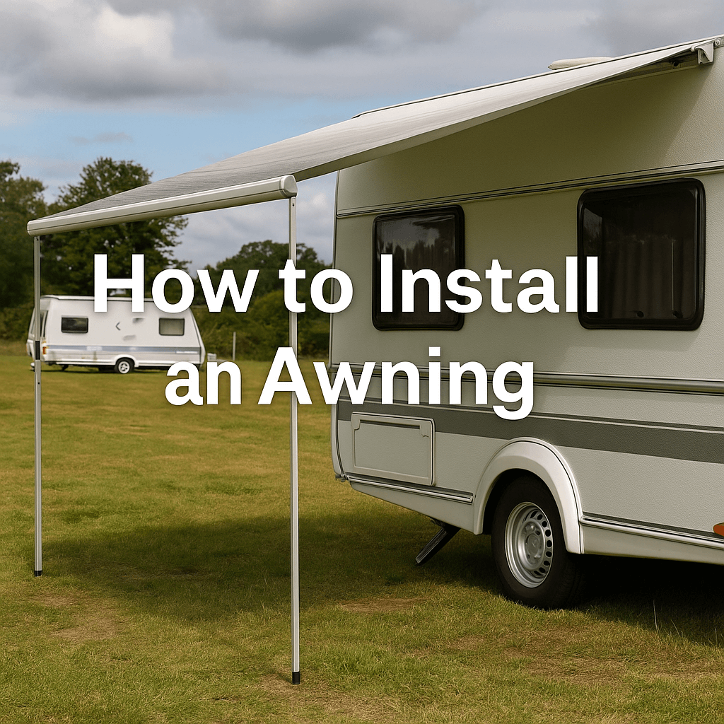 A white caravan with a fully extended awning on a grassy site during daytime, with the text "How to Install an Awning".