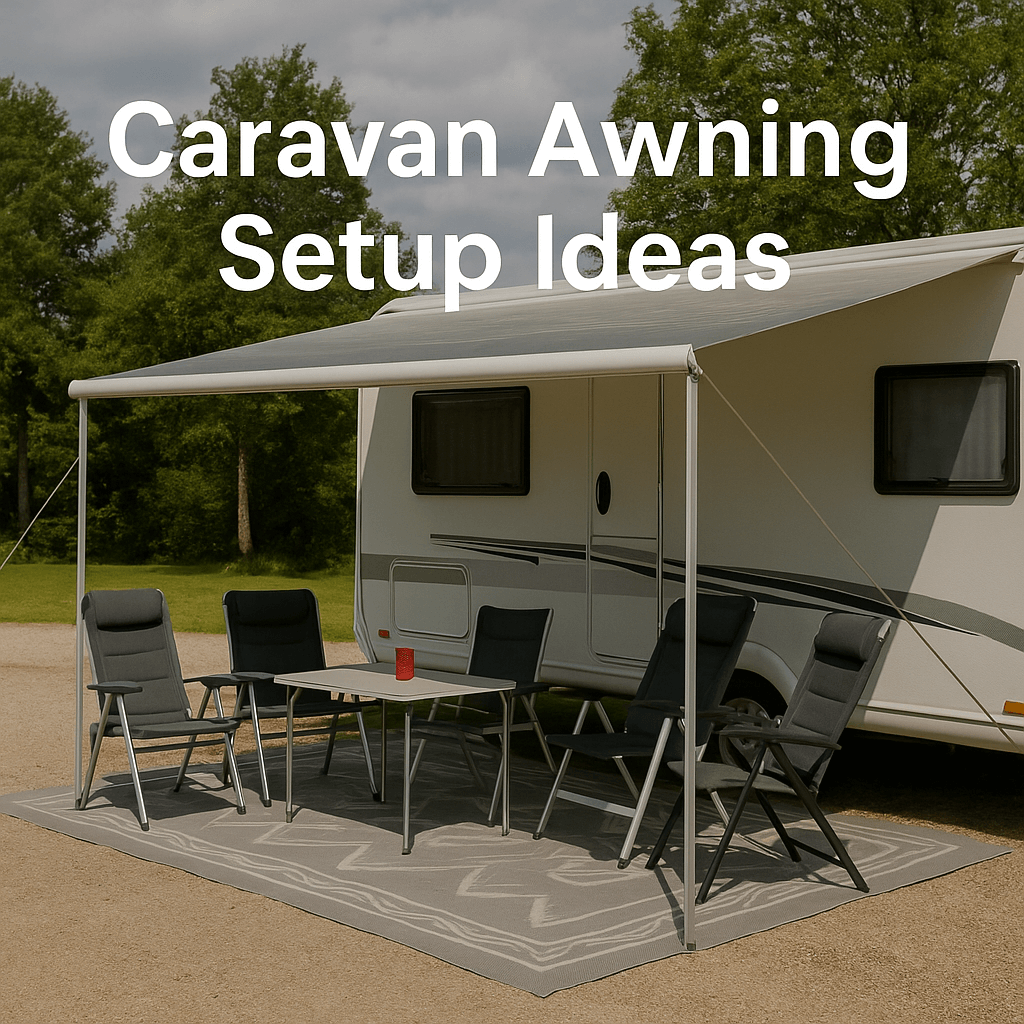 A caravan awning setup during the day with a white caravan, grey awning, outdoor rug, and dining area with chairs, set in a peaceful gravel campsite surrounded by trees. Text overlay reads "Caravan Awning Setup Ideas