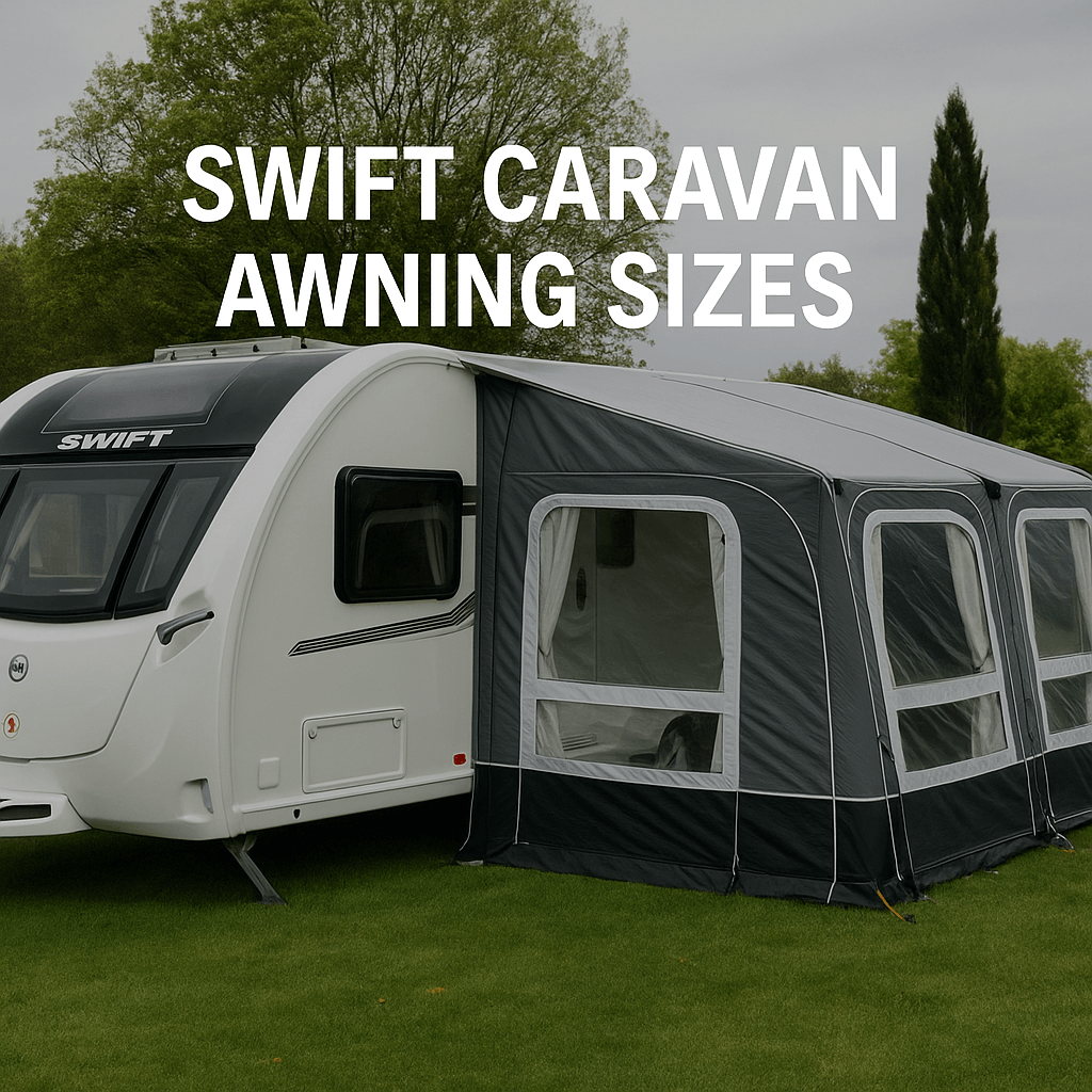 A white Swift caravan with a grey awning set up on green grass, under a cloudy sky. Bold text reads “Swift Caravan Awning Sizes”