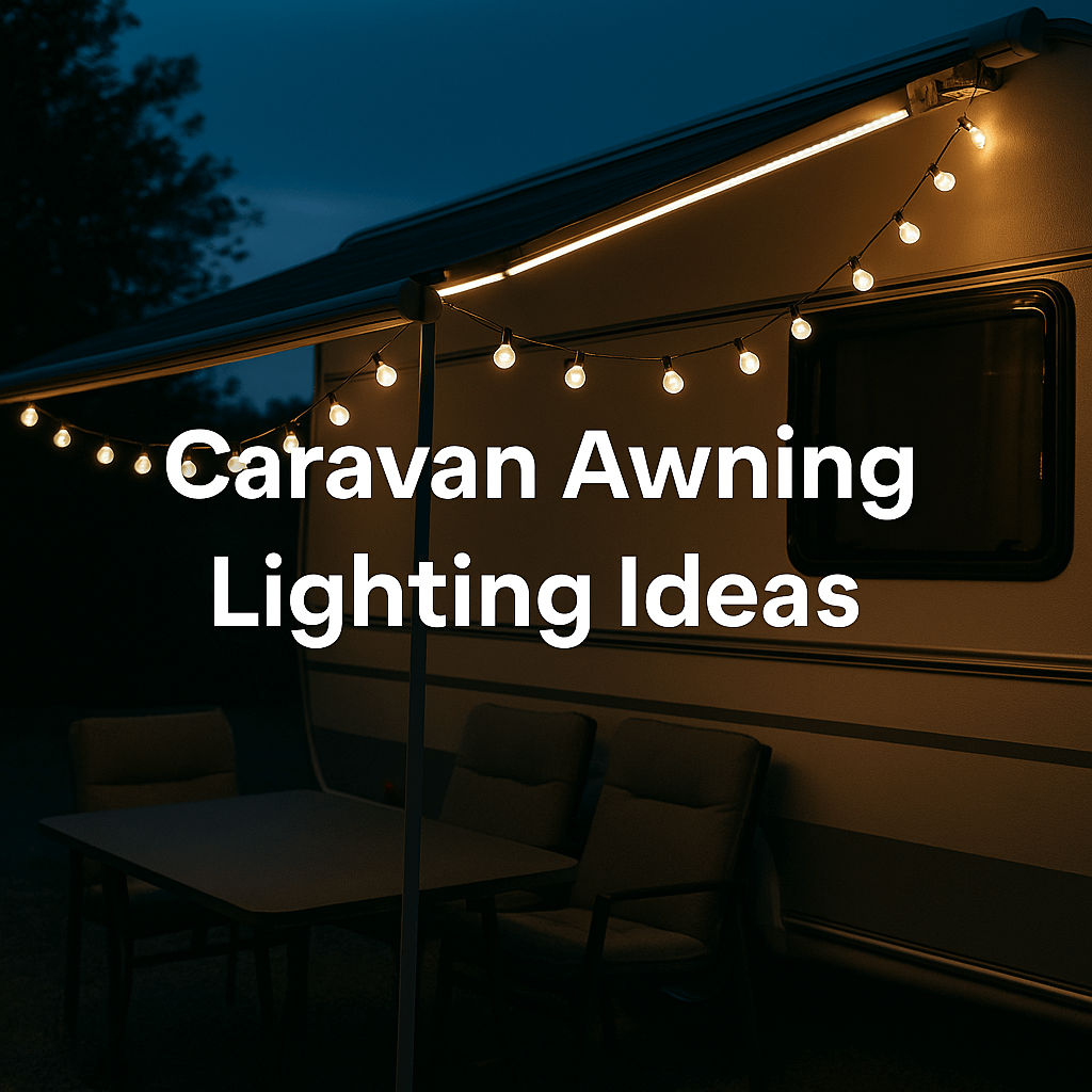 Caravan at twilight with warm awning lights glowing, featuring string bulbs and outdoor seating, with text overlay reading “Caravan Awning Lighting Ideas”.