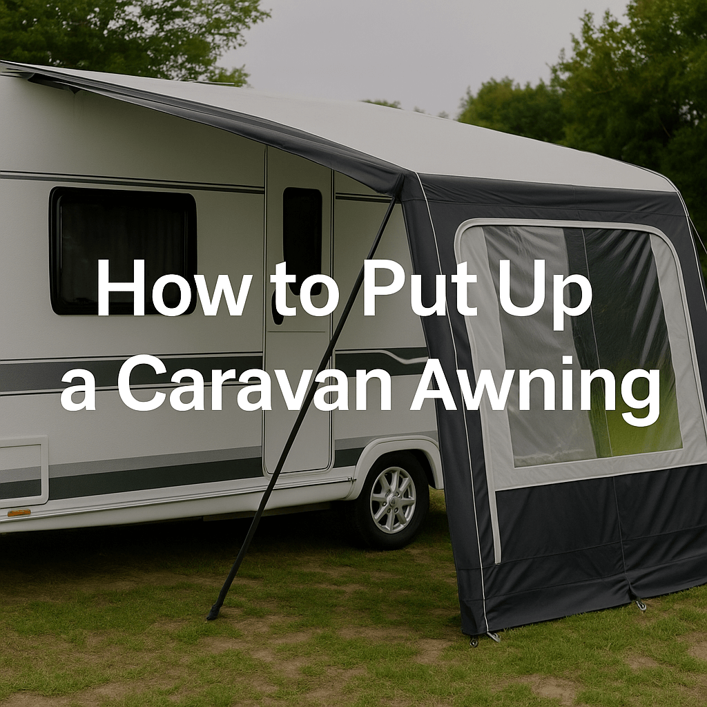 A white caravan with an extended awning on grass, featuring the text "How to Put Up a Caravan Awning".