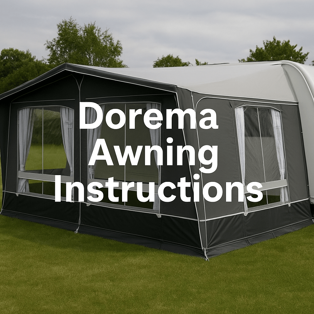 A Dorema awning fully set up beside a caravan on green grass, with text reading "Dorema Awning Instructions".