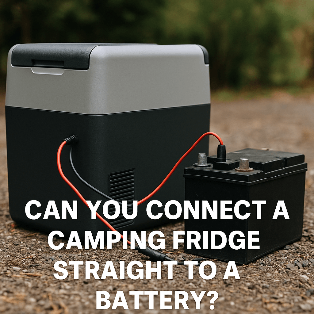 A portable camping fridge connected to a battery outdoors on a forest trail, with bold white text asking, “Can you connect a camping fridge straight to a battery?”