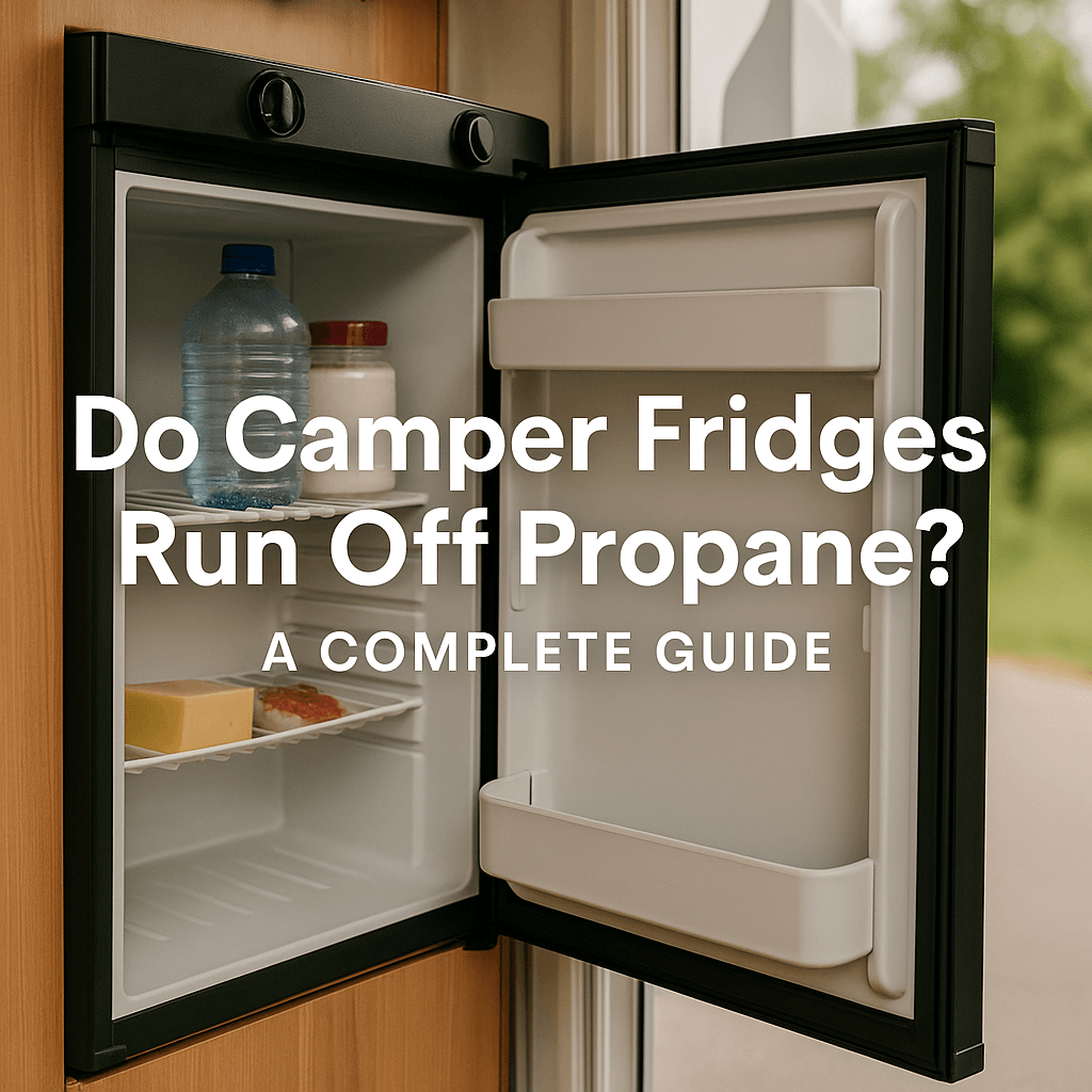 Open camper fridge stocked with food and drinks, with text overlay reading "Do Camper Fridges Run Off Propane? A Complete Guide."