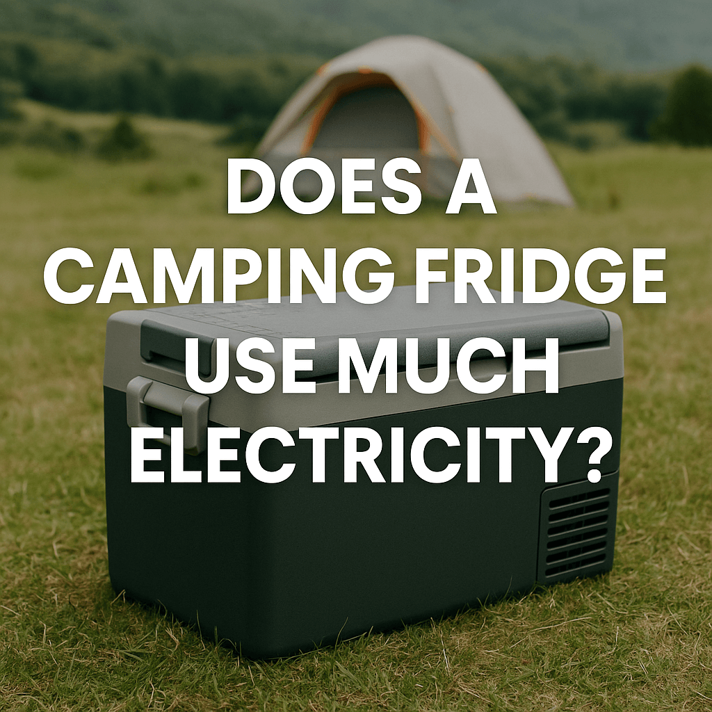 Portable camping fridge on grass with a tent in the background and the text “Does a camping fridge use much electricity?”