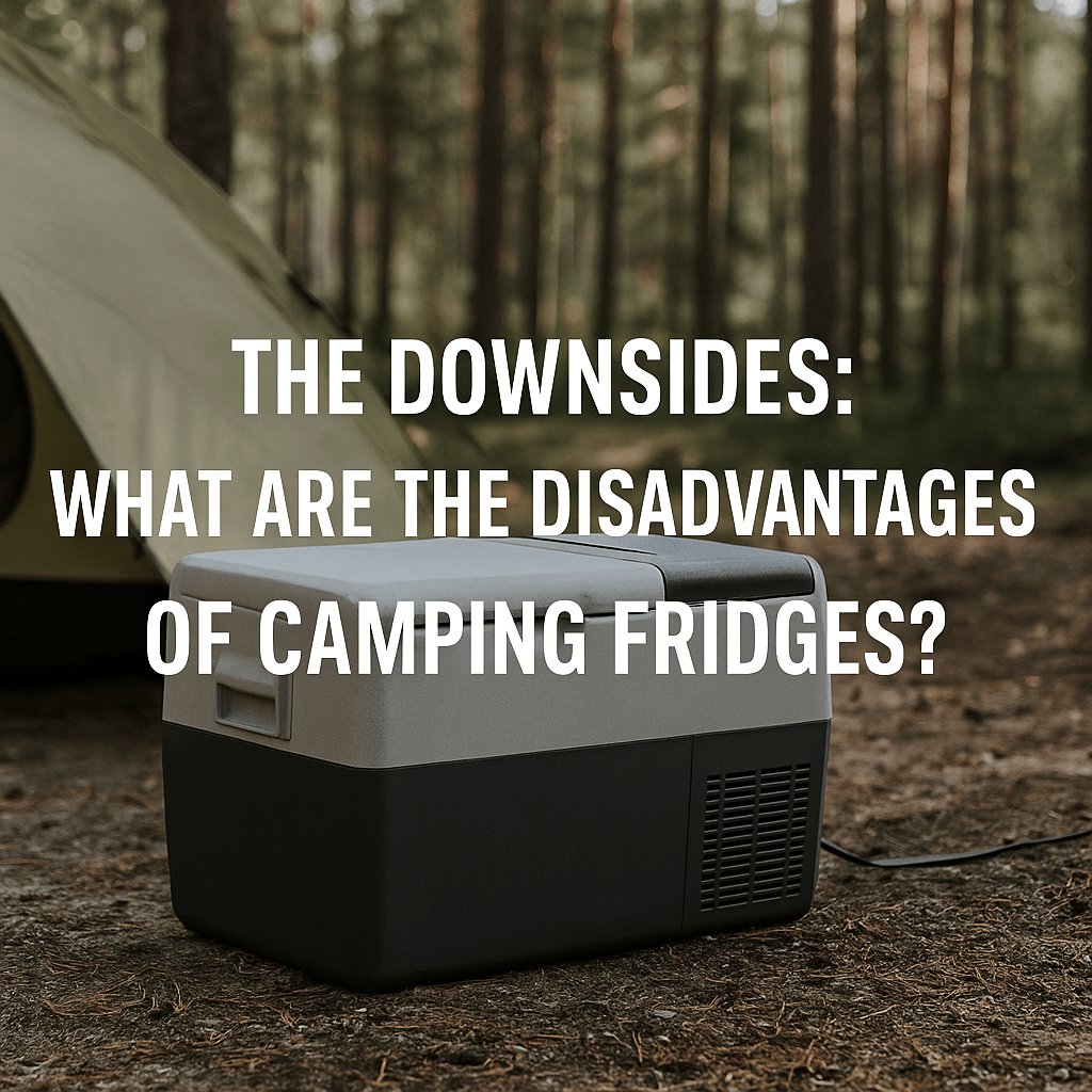 A portable camping fridge outside a tent in a forest with the text "The Downsides: What Are the Disadvantages of Camping Fridges?"