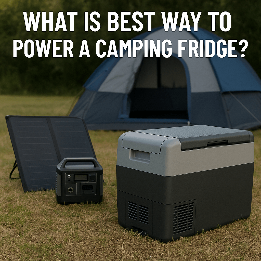 Camping fridge with solar panel and power station set up in front of a tent on grassy campsite, with text overlay: "What is Best Way to Power a Camping Fridge?"