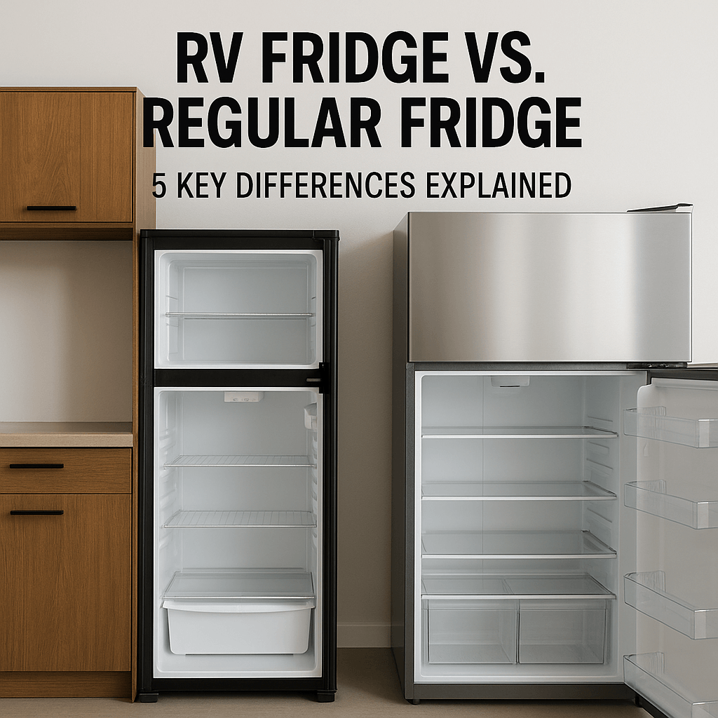 Side-by-side comparison of an RV fridge and a regular home fridge with text 'RV Fridge vs. Regular Fridge – 5 Key Differences Explained'