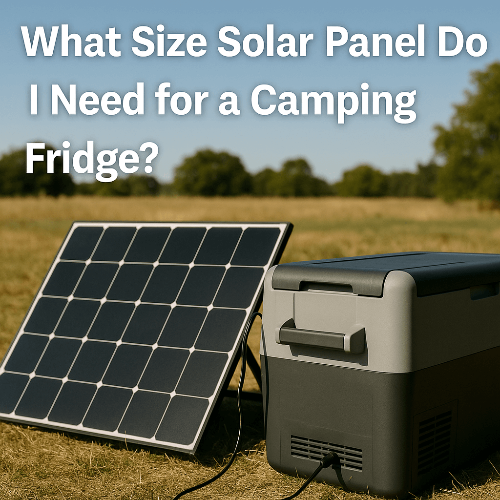 Solar panel powering a portable camping fridge in a sunny outdoor field with text overlay: "What Size Solar Panel Do I Need for a Camping Fridge?"