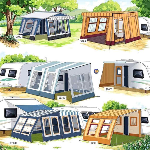 Drawing of different caravan awnings with prices next to them