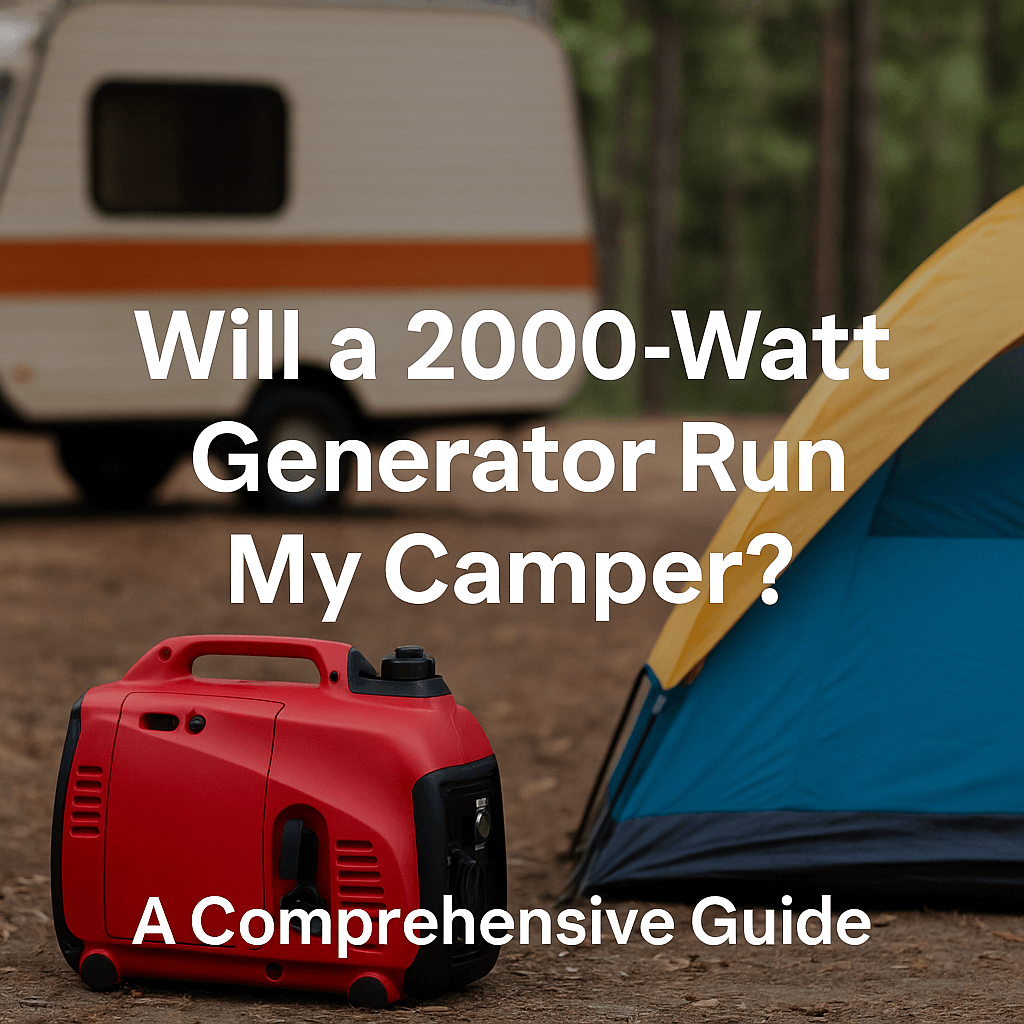 Red 2000-watt generator beside a tent and camper in a wooded campsite with the text “Will a 2000-Watt Generator Run My Camper?” displayed.