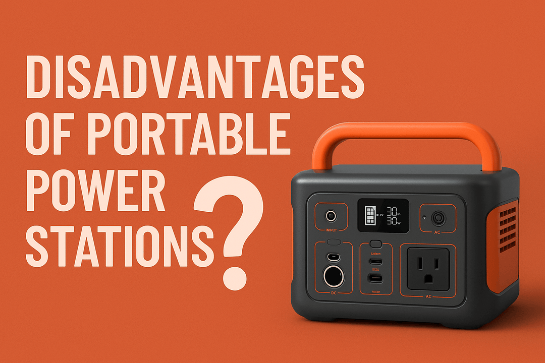 Cover image for an article, features a grey portable power station on a burnt orange background. Bold white text reads 'DISADVANTAGES OF' above 'PORTABLE POWER STATIONS' with a question mark icon beside the product.