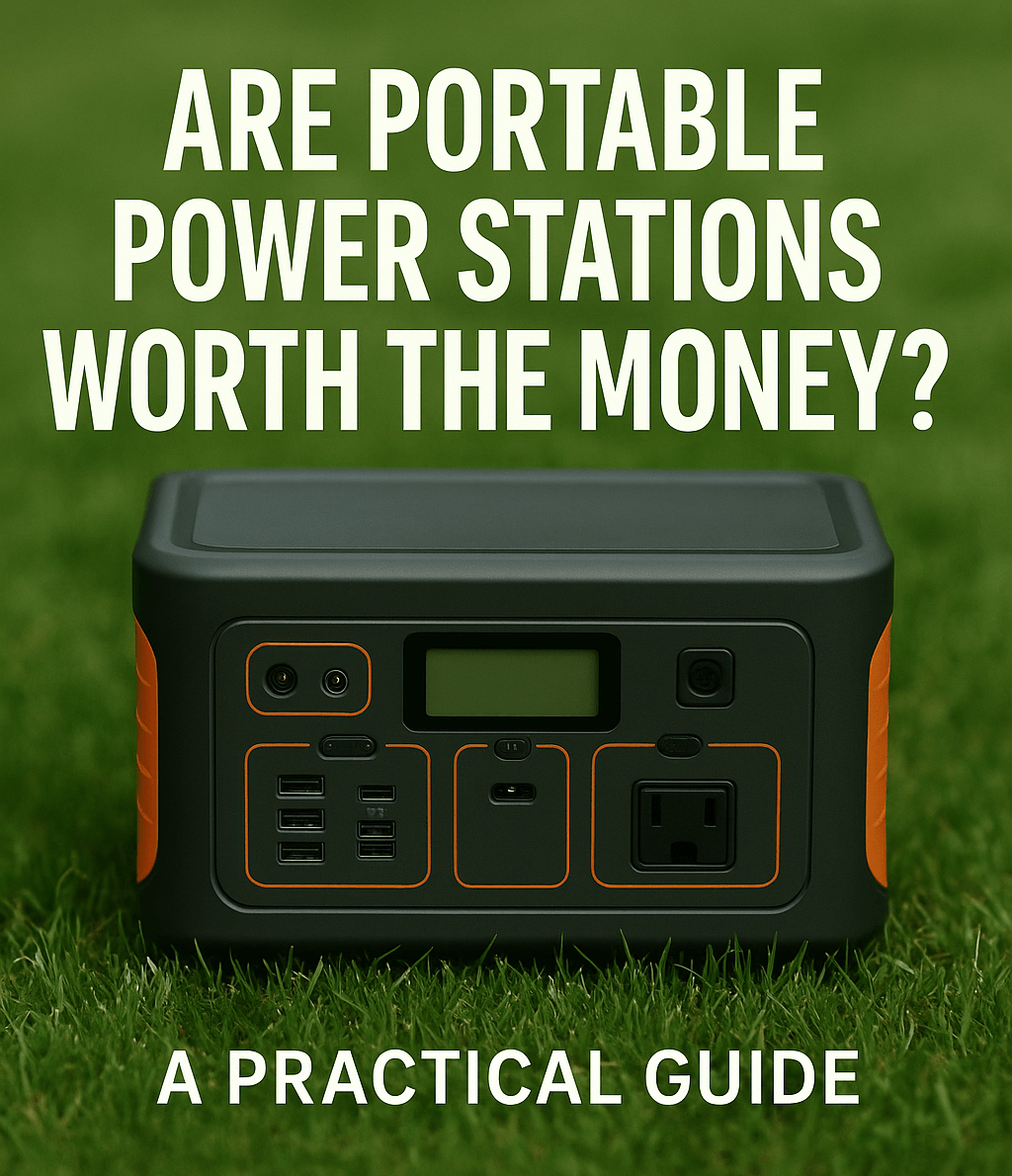 A portable power station on a grassy lawn with bold text asking 'Are Portable Power Stations Worth the Money?' and a subtitle 'A Practical Guide' above and below the device.