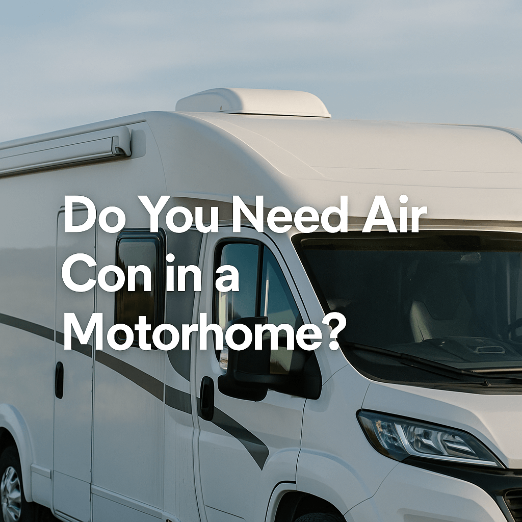 A white motorhome with a roof-mounted AC unit, parked outdoors in natural daylight, with the text “Do You Need Air Con in a Motorhome?”.