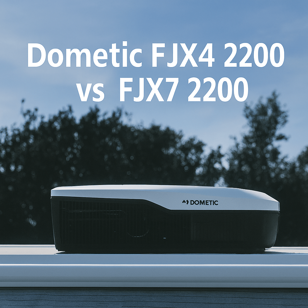 A Dometic FreshJet air conditioner on a caravan roof under clear skies with trees behind, with white text overlay: “Dometic FJX4 2200 vs FJX7 2200”.