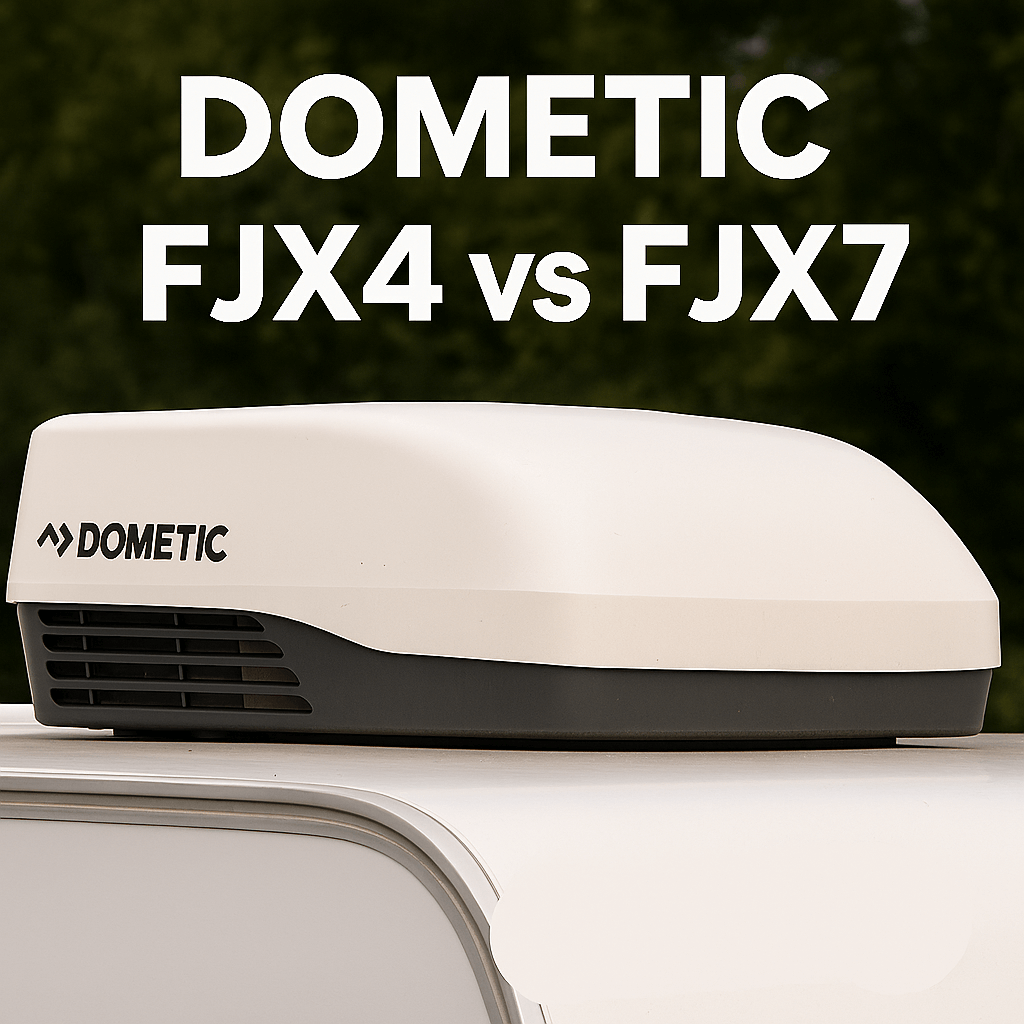 White Dometic roof air conditioner on a caravan with the text 'DOMETIC FJX4 vs FJX7' above.