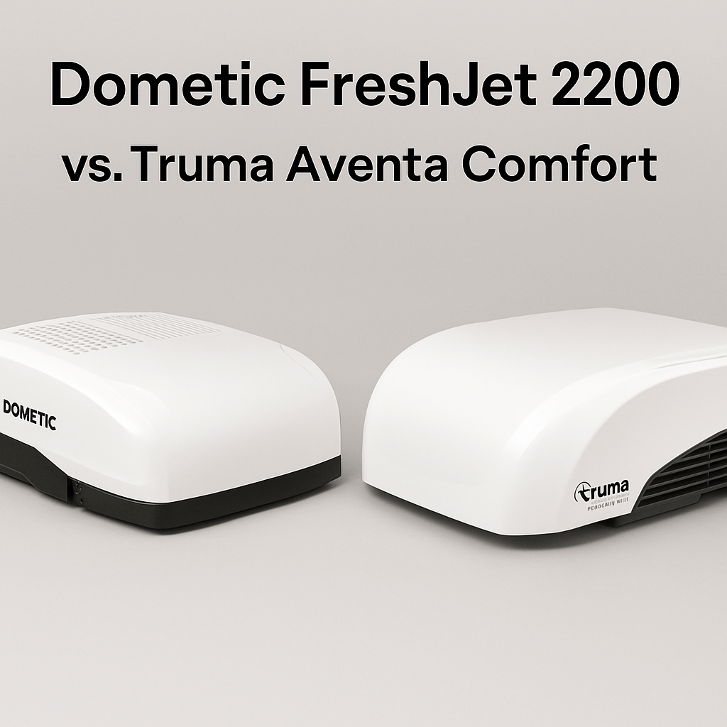 Dometic FreshJet 2200 and Truma Aventa Comfort rooftop air conditioners side by side on a grey background.