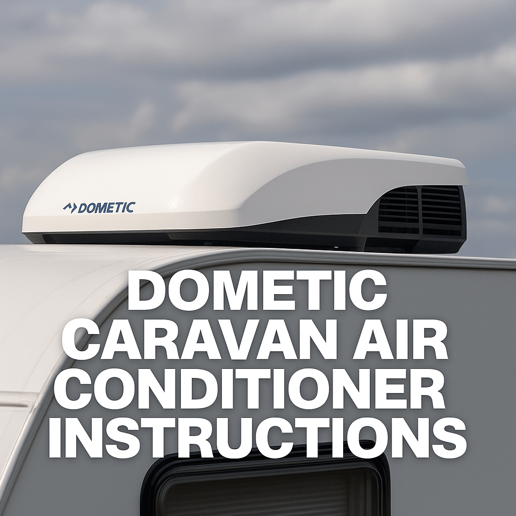 Dometic Air Conditioner mounted on a white rooftop of carava, with text "DOMETIC CARAVAN AIR CONDITIONER INSTRUCTIONS".
