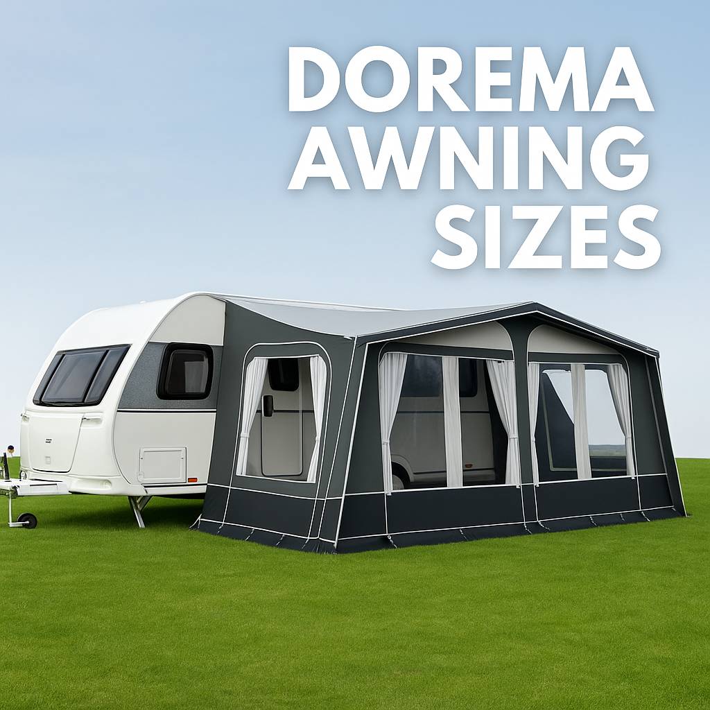 Dorema full caravan awning attached to touring caravan with text overlay reading “Dorema Awning Sizes”