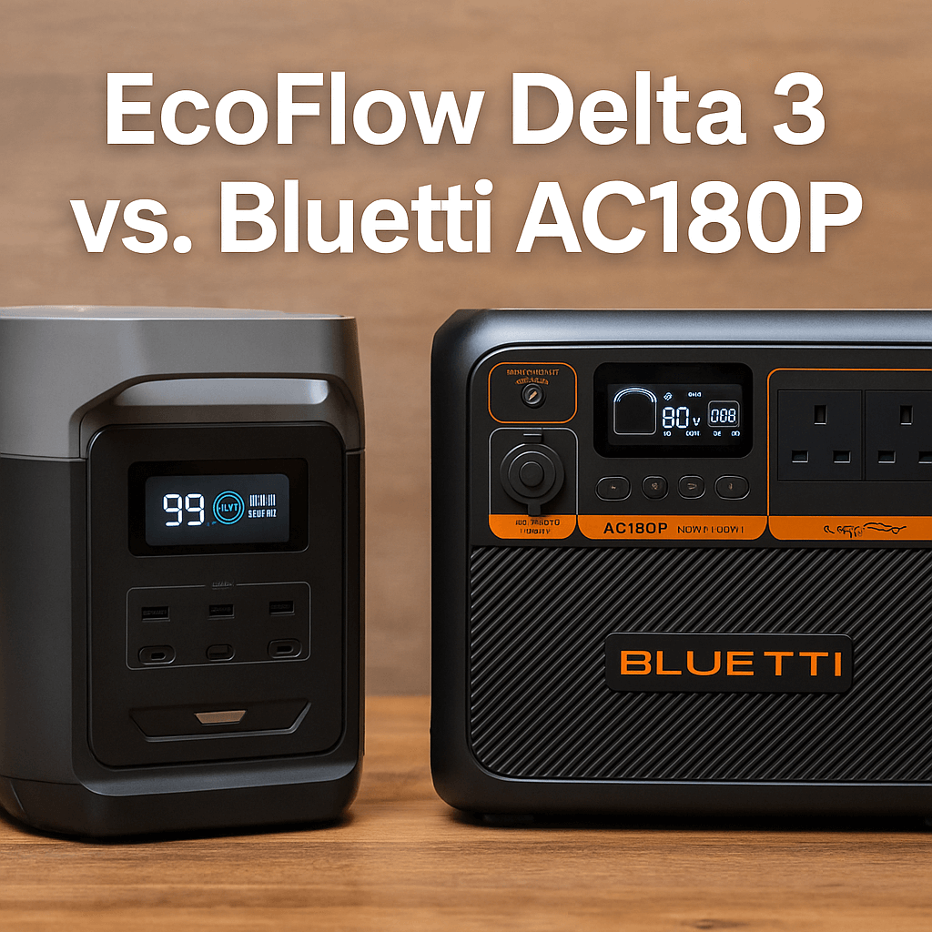EcoFlow Delta 3 vs. Bluetti AC180P portable power stations side-by-side on a wooden surface with comparison text.