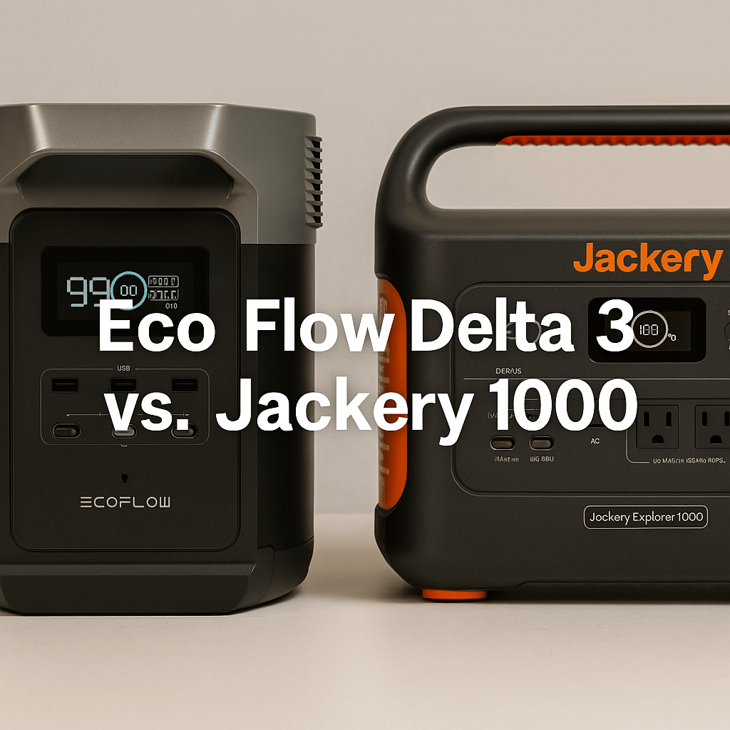 EcoFlow Delta 3 vs. Jackery 1000 portable power stations side-by-side comparison image.