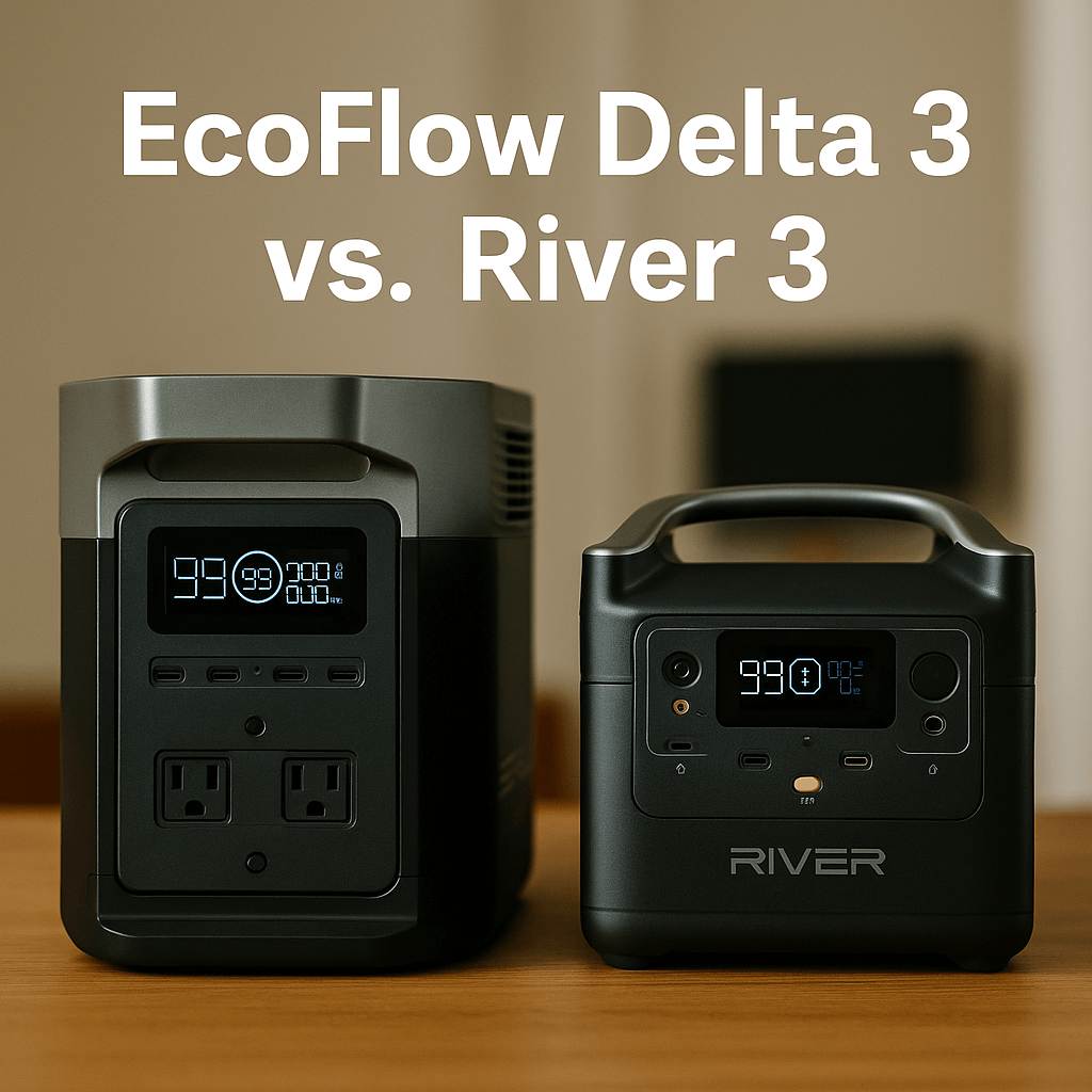 EcoFlow Delta 3 vs. River 3 portable power stations side-by-side comparison image.