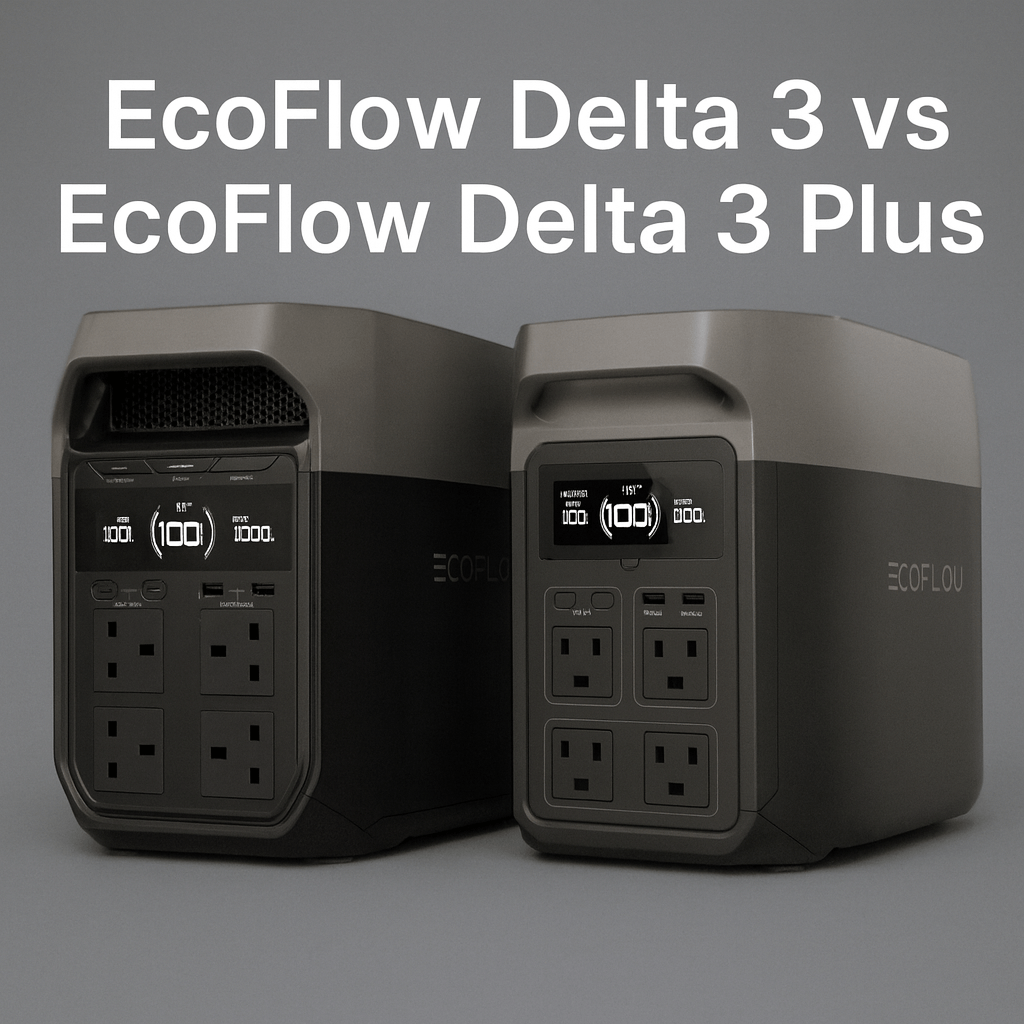 EcoFlow Delta 3 vs Delta 3 Plus portable power stations on a grey background with front-facing displays and outlets.