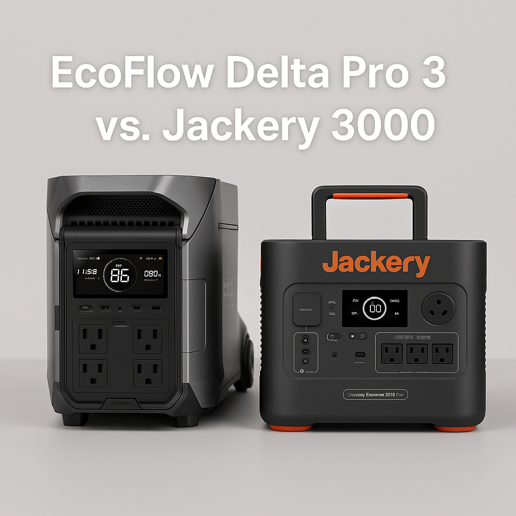 EcoFlow Delta Pro 3 vs. Jackery 3000 portable power stations side-by-side comparison with text.