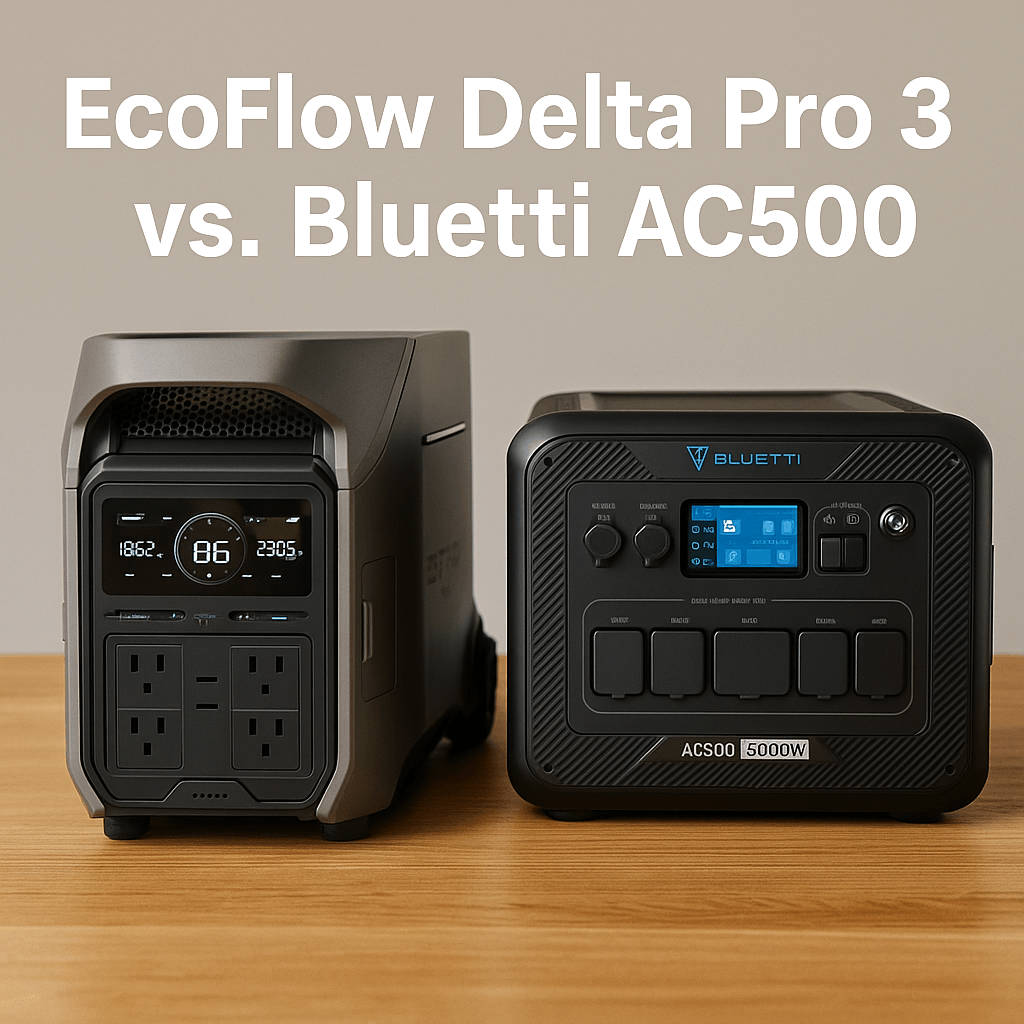 EcoFlow Delta Pro 3 vs. Bluetti AC500 portable power stations side-by-side on wooden surface.