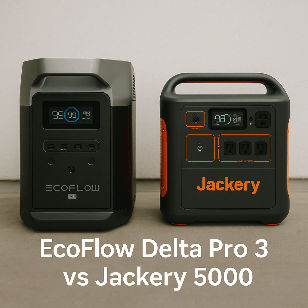 EcoFlow Delta Pro 3 vs Jackery 5000 portable power stations side-by-side comparison.