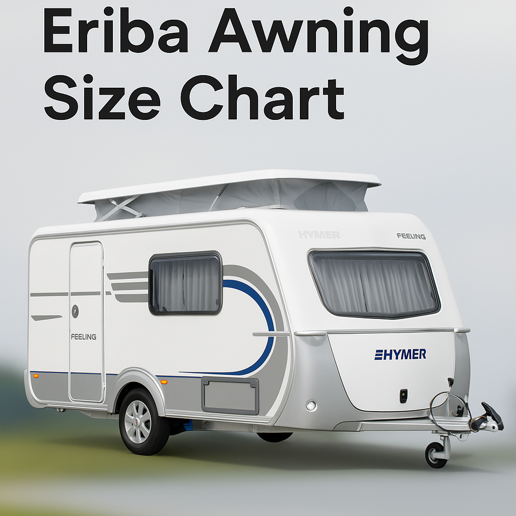 Hymer Eriba Feeling caravan with pop-top roof raised and overlaid text reading “Eriba Awning Size Chart”.