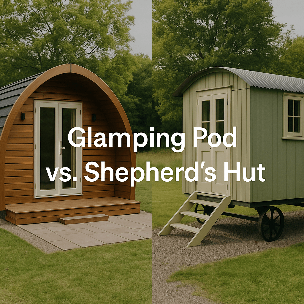 Glamping Pod vs. Shepherd's Hut comparison image with both structures side-by-side in a grassy meadow.