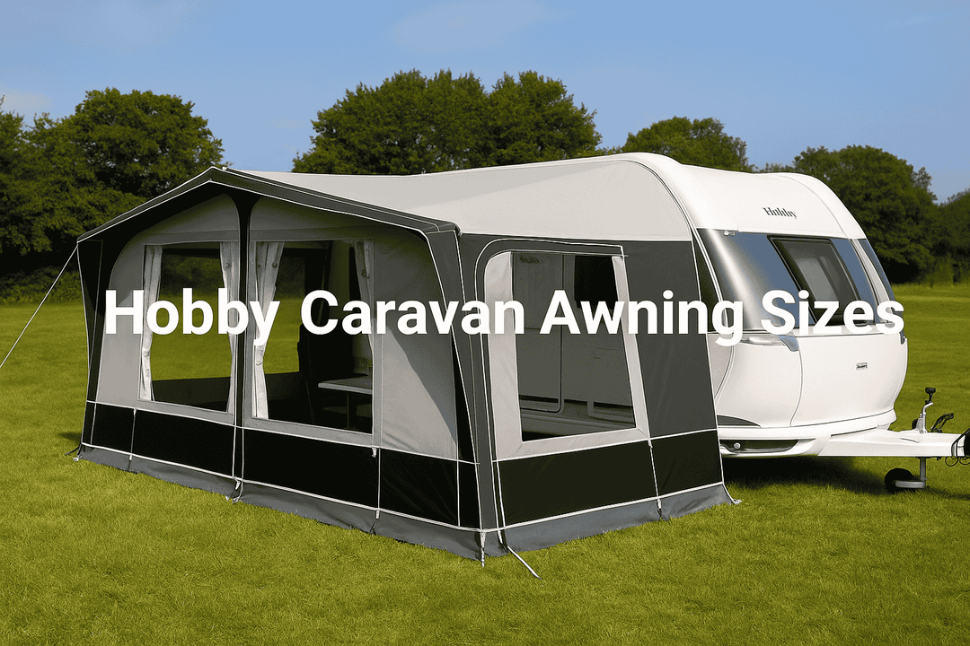 Hobby caravan with full grey awning pitched on a green campsite with ‘Hobby Caravan Awning Sizes’ text overlay.