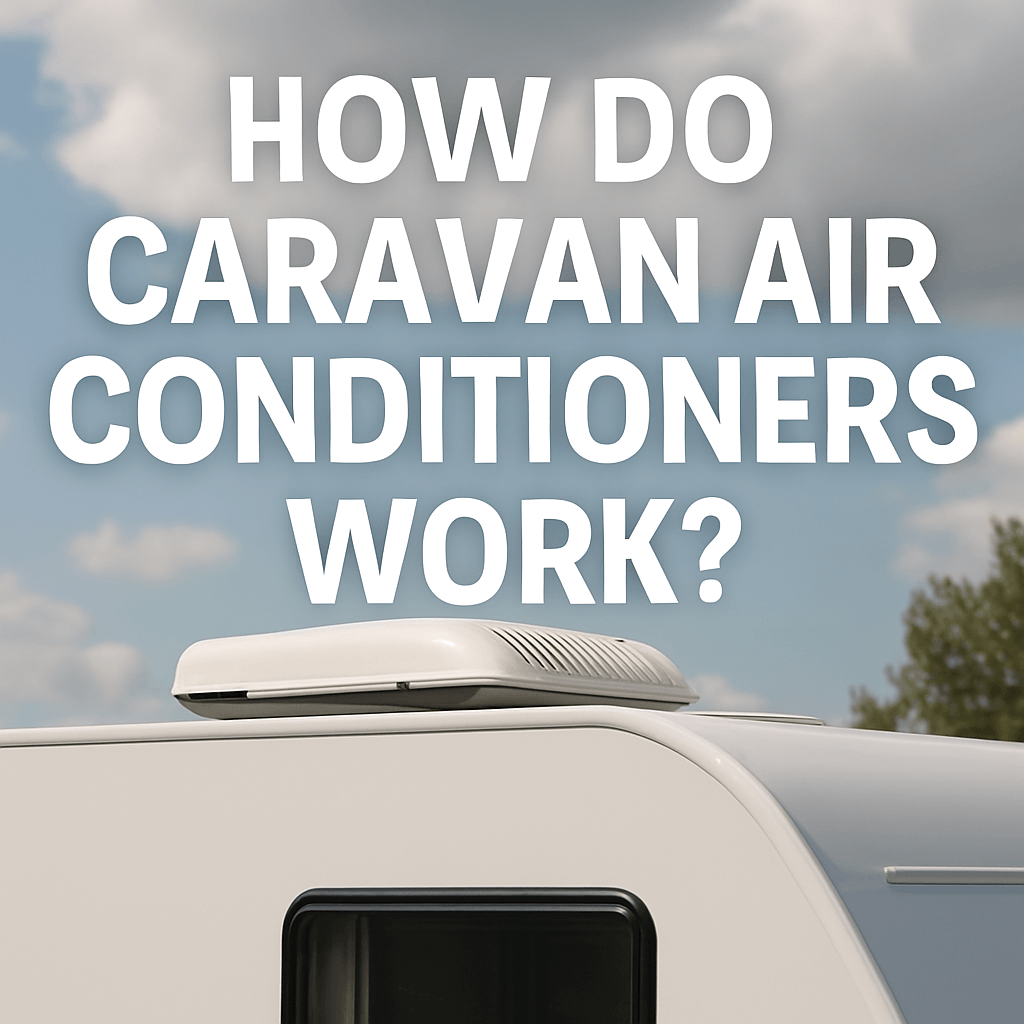  A white caravan with a rooftop air conditioner under a blue sky, with bold white text reading "How Do Caravan Air Conditioners Work?".