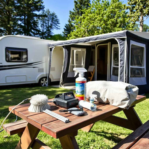 Equipment on a picnic table with a caravan air awning behind it, connected to a caravan